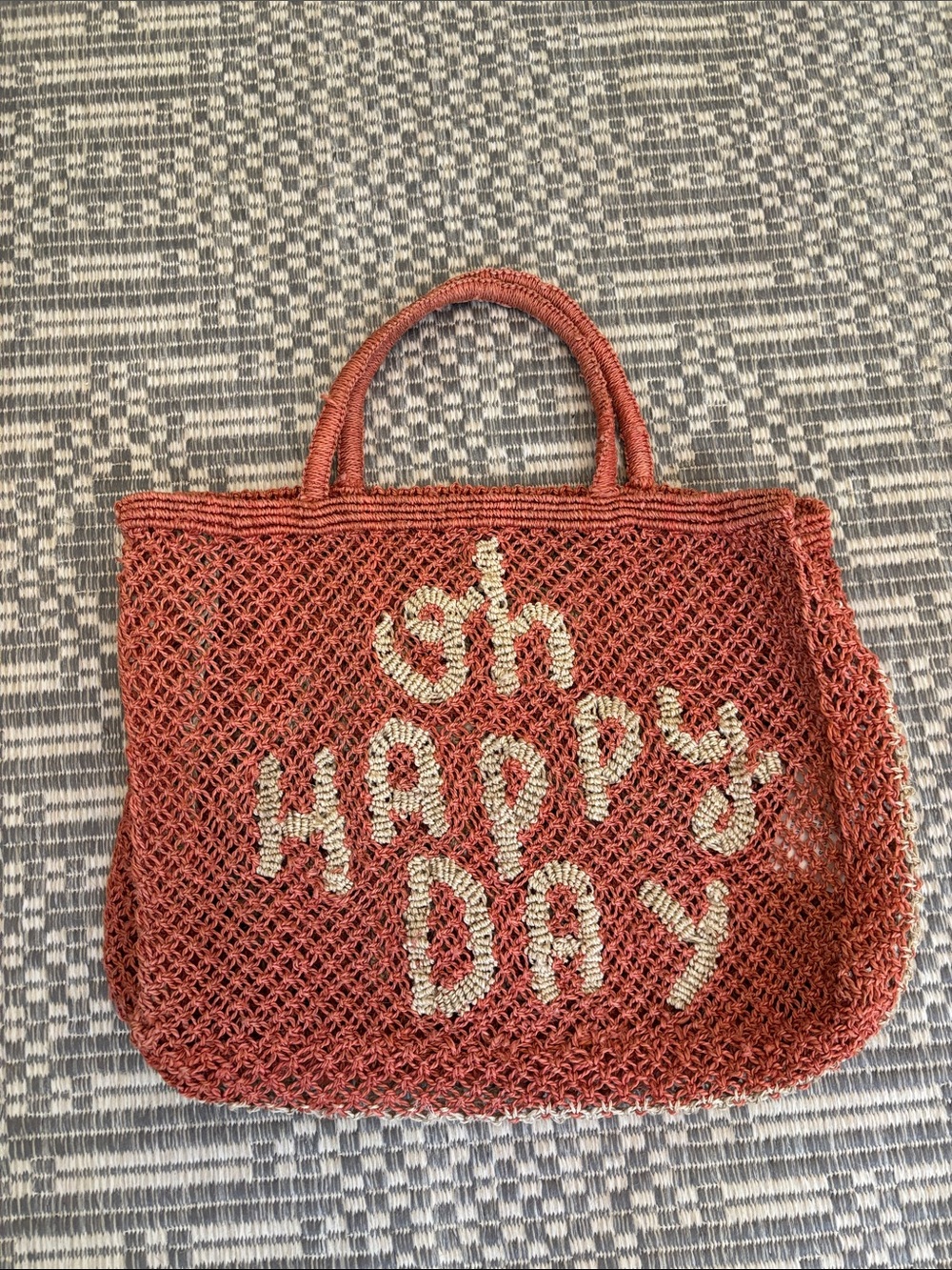 Rust Woven Tote Bag with 'Oh Happy Day' Script